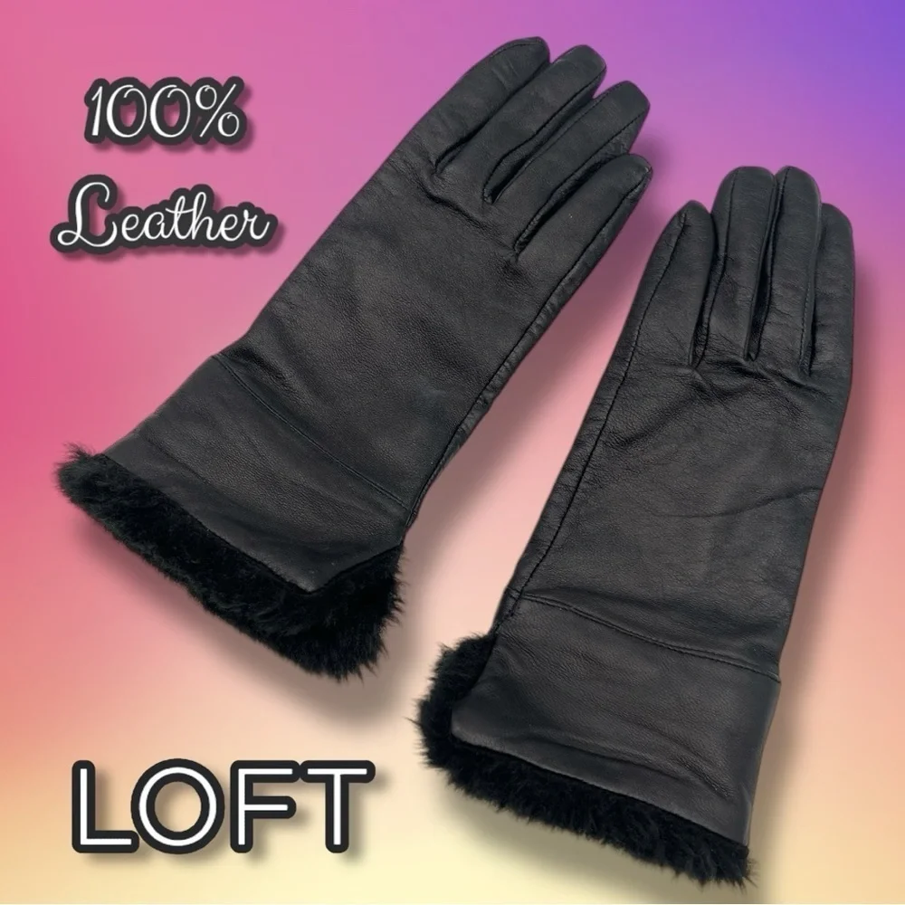 Ann Taylor LOFT Black Leather Faux Fur Lined Gloves Size Small
